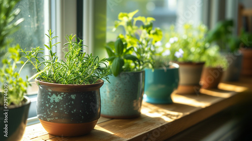Assorted potted herbs basking in sunlight on a wooden windowsill  evoking concepts of home gardening and sustainable living  background with a place for text