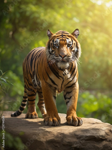 Amazing tiger in the nature habitat. Tiger pose during the golden light time. Wildlife scene with danger animal.