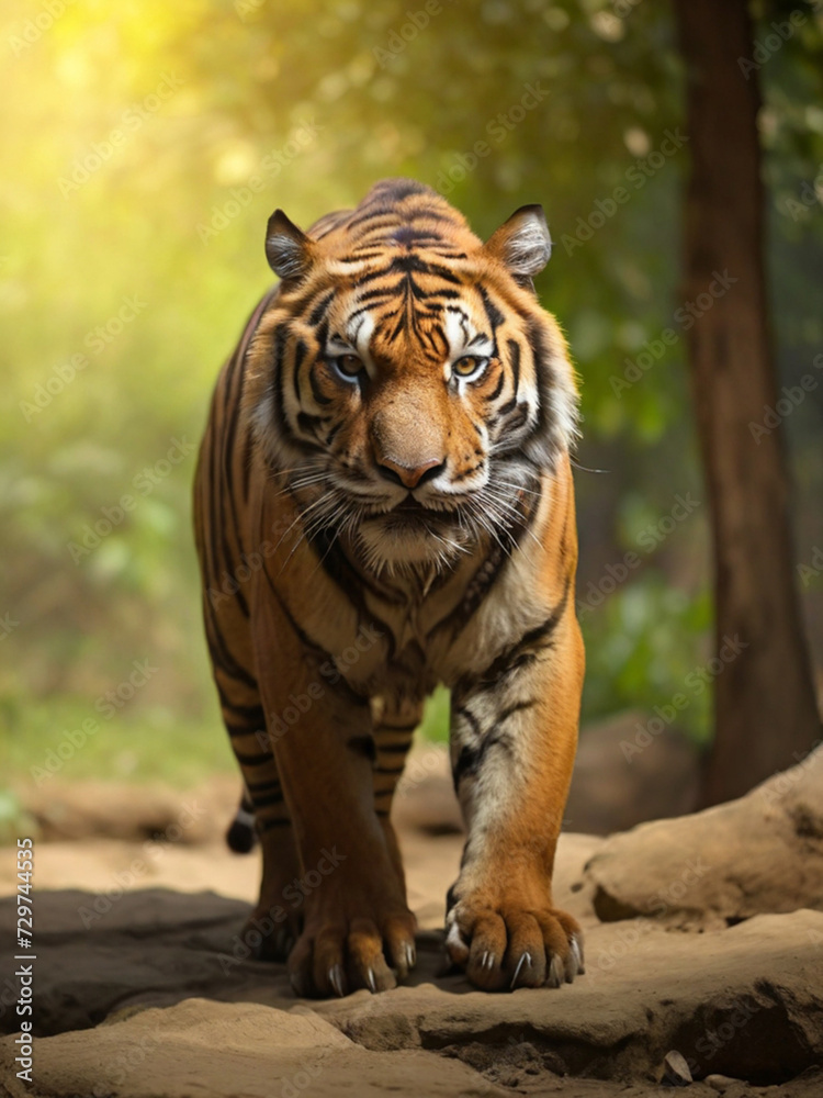 Obraz premium Amazing tiger in the nature habitat. Tiger pose during the golden light time. Wildlife scene with danger animal.