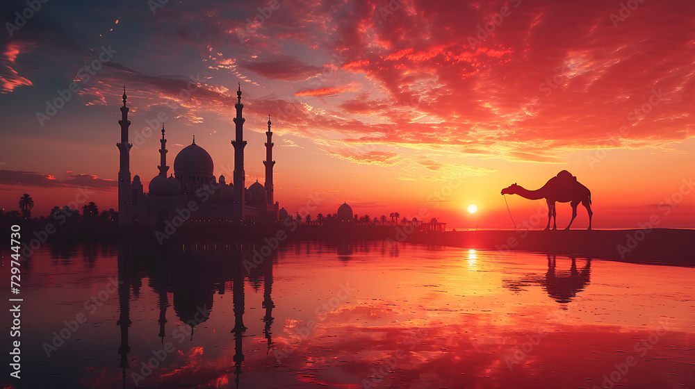Naklejka premium eid al adha mubarak background with camel and islamic praye