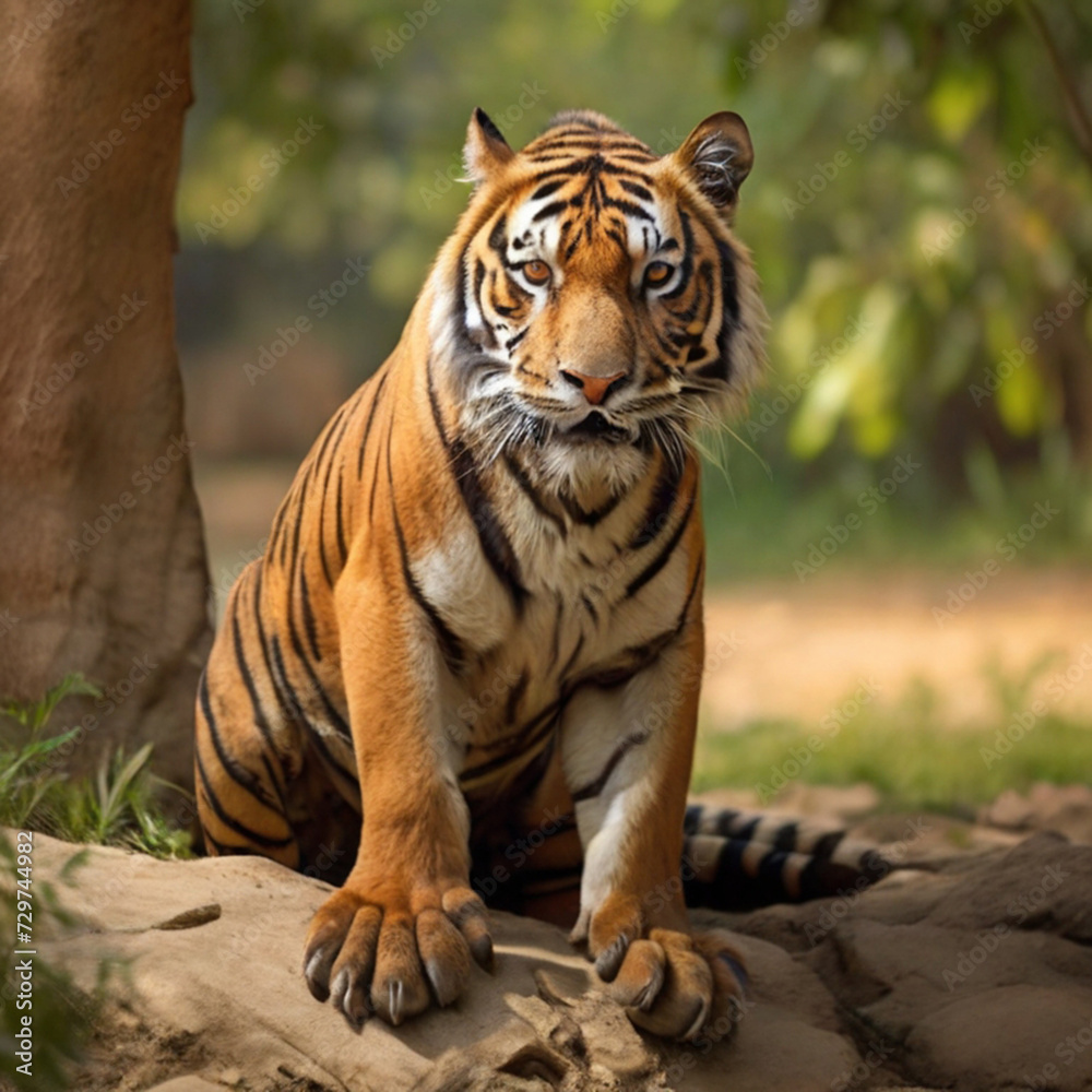 Amazing tiger in the nature habitat. Tiger pose during the golden light time. Wildlife scene with danger animal. Amazing tiger in the nature habitat. Tiger pose during the golden light time. Wildlife scene with danger animal.