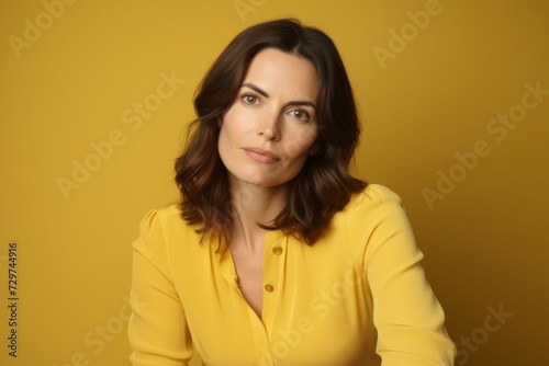 Portrait of a pensive woman looking at camera over yellow background © Iigo