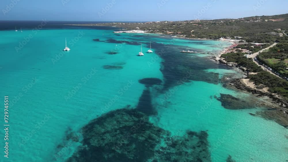 La Pelosa Beach with Catamaran Boats in limpid blue lagoon, Sardinia. Aerial La Pelosa Beach with Catamaran Boats in limpid blue lagoon, Sardinia. Aerial
