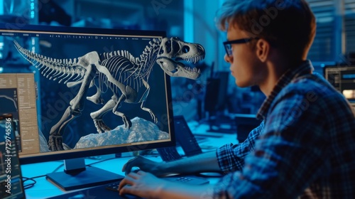 A paleontologist using a 3D modeling program to digitally reconstruct missing parts of a dinosaur skeleton. photo