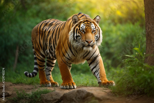 Amazing tiger in the nature habitat. Tiger pose during the golden light time. Wildlife scene with danger animal.