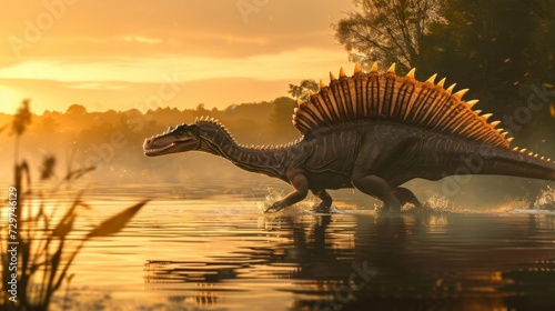 A lone Spinosaurus wades in the water its back scales catching the warm light of the setting sun as it prepares to settle in for the night.