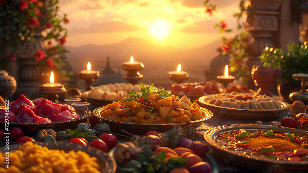 Festive table decorated with food and candles