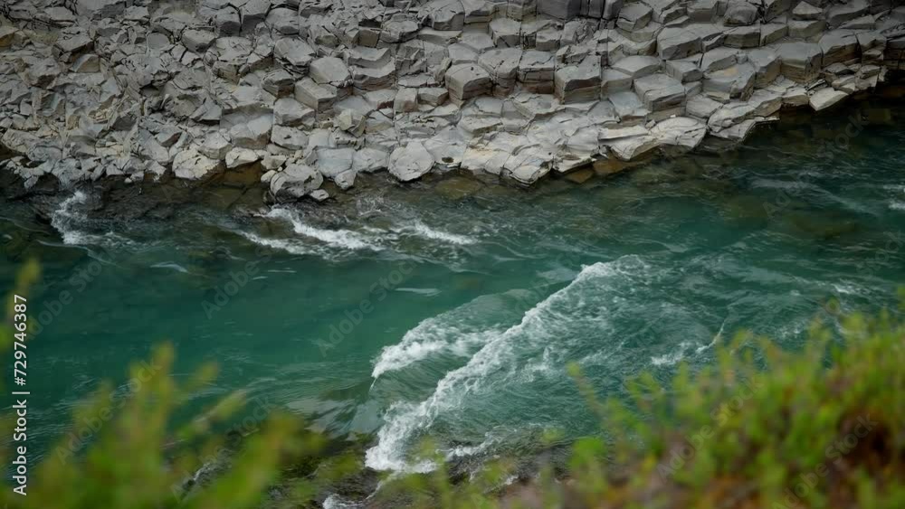 Looking down at a crystal clear stream running through a rocky valley in Iceland Looking down at a crystal clear stream running through a rocky valley in Iceland