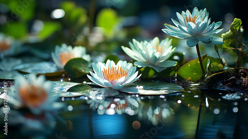 The surface of a pond covered in lily pads becomes a serene and reflective macro scene