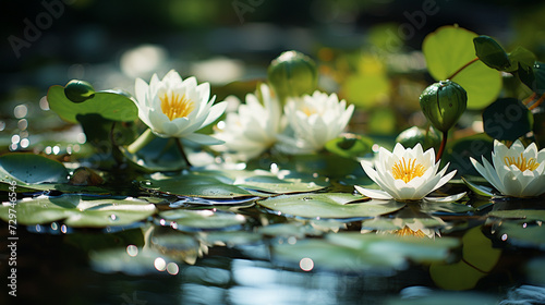 The surface of a pond covered in lily pads becomes a serene and reflective macro scene