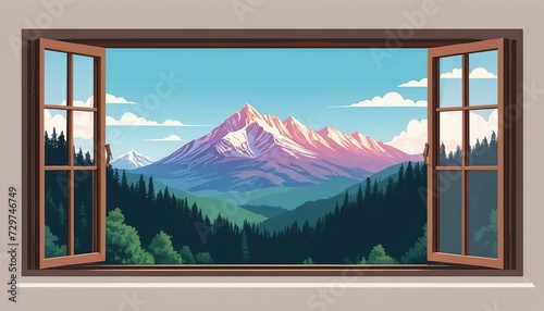 Graphic Design of Open Window with Beautiful Mountain View in Flat Vector