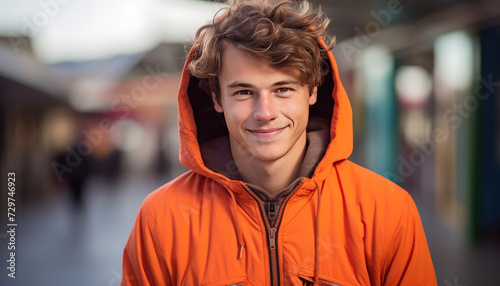 Lively Streets Smiling Young Man in Casual Orange Apparel