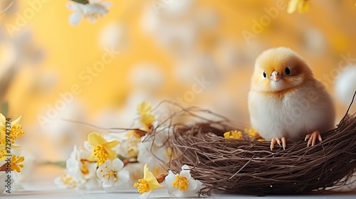 A tiny baby bird in a nest against a background of flowering branches. © kvladimirv