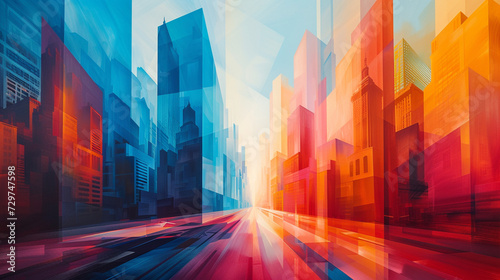 An abstract representation of a cityscape using hard-edge geometric forms.