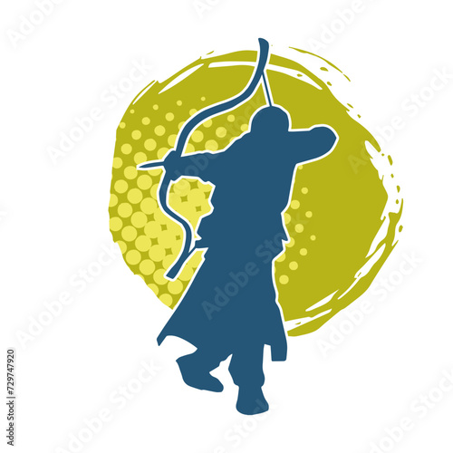 Silhouette of a male archer warrior in action pose. Silhouette of a man fighter carrying archery weapon.
