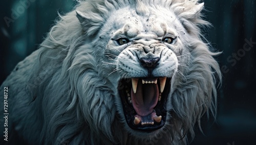 a portrait of a white dangerous big hungry lion with large open mouth and yellow teeth isolated on a dark black background photo