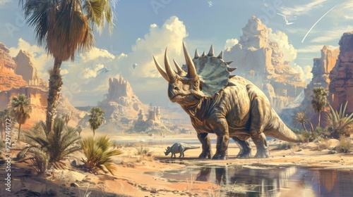 With its sharp horns and thick armor a Triceratops stands guard near the oasis protecting its young as they quench their thirst.