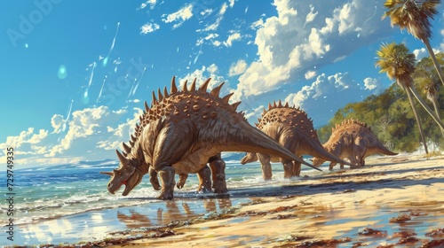 A group of stegosaurus using their plates to regulate their body temperature as they wander the beach admiring the sparkling sea.
