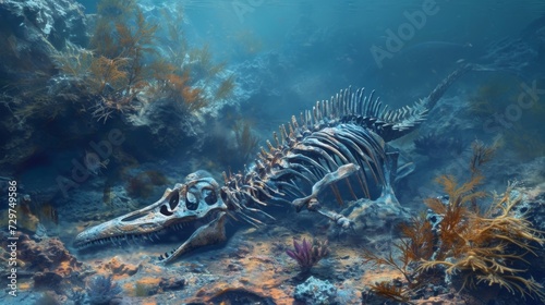 The partially decayed remains of a Plesiosaur can be seen resting on the ocean floor its skeleton now providing a home for a variety of sea creatures within the bustling coral