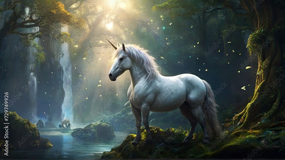 Fototapeta premium White unicorn in fantasy forest. Fairytale landscape. 3D rendering.