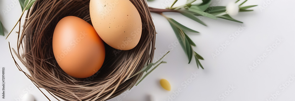 Flat lay Easter composition with willow branch with fluffy buds with nest eggs on a white background Flat lay Easter composition with willow branch with fluffy buds with nest eggs on a white background