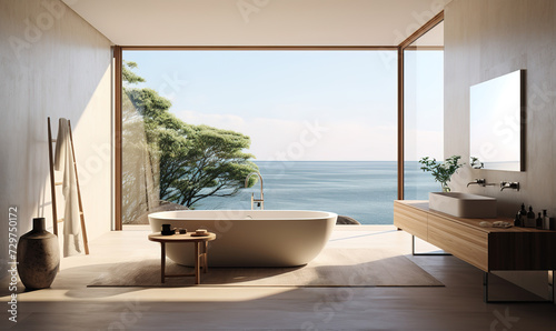 Modern bathroom interior in natural colors with panoramic windows and nature forest view. AI generated © Natalie