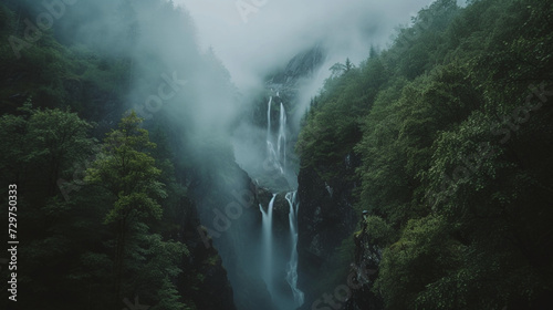 analogue still high angle shot of a foggy waterfall landscape