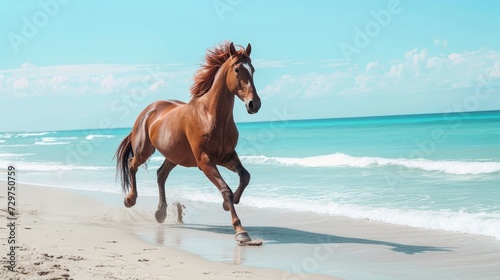 Majestic horse gallops freely on the sandy beach, waves crashing in the background, Ai Generated.
