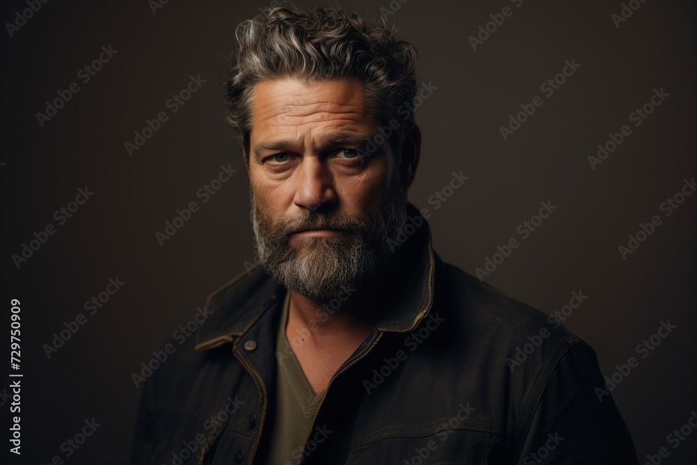 Portrait of a handsome mature man with a beard and mustache in a brown jacket on a dark background