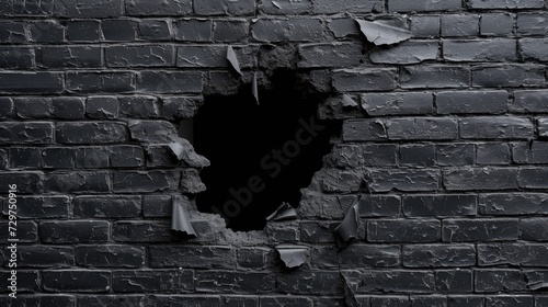 A striking visual: a hole punctuates a rugged black brick wall. Ai Generated.