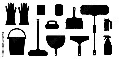 Set of black cartoon cleaning tools for washing window, floor and wet cleaning isolated on white background. Professional cleaning tools silhouettes