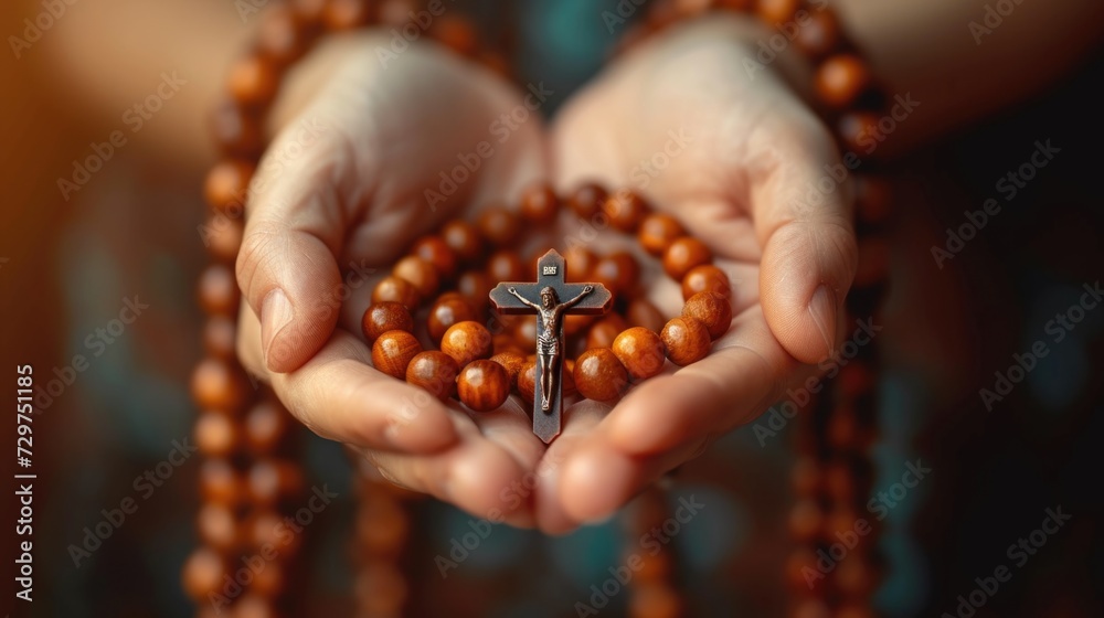 Soulful prayer: a man in quiet devotion, hands clasped around a rosary cross, seeking solace and spiritual connection, capturing the essence of serene contemplation, faith, and religious devotion. Soulful prayer: a man in quiet devotion, hands clasped around a rosary cross, seeking solace and spiritual connection, capturing the essence of serene contemplation, faith, and religious devotion.