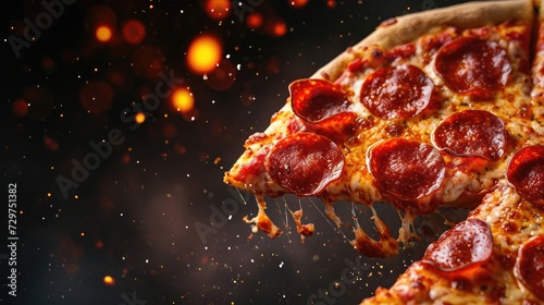 Delicious slice of pepperoni pizza soaring on a black background, an enticing design, Ai Generated. photo