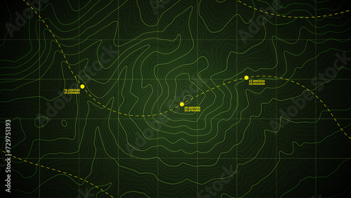 Dark Green Topographical Military Contour Map Vector Graphic Abstract Background. Topography Wavy Lines Pattern Modern Wallpaper. Terrain Relief With Route Geographic Cartography Map Art Illustration