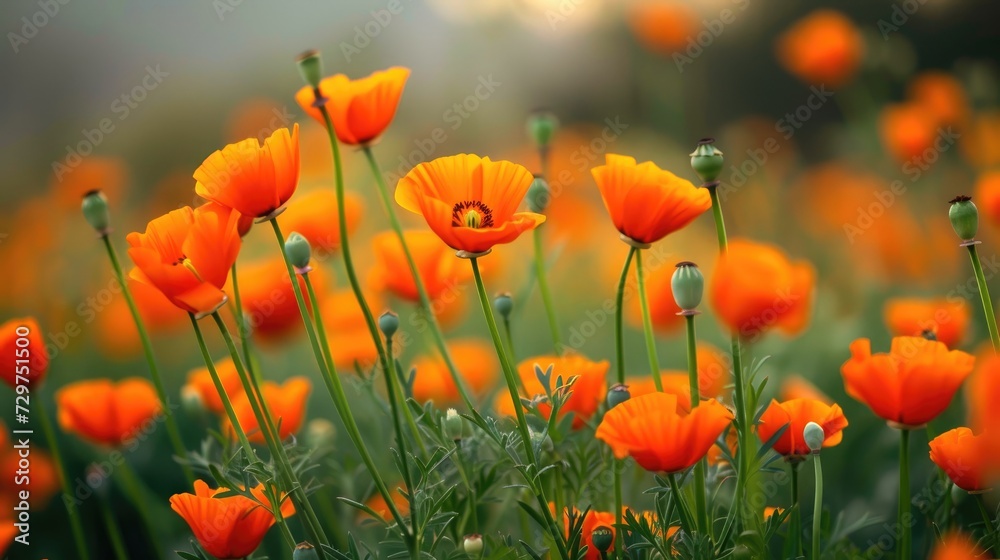 A vibrant group of orange flowers bloom gracefully in a sun-kissed field, Ai Generated A vibrant group of orange flowers bloom gracefully in a sun-kissed field, Ai Generated