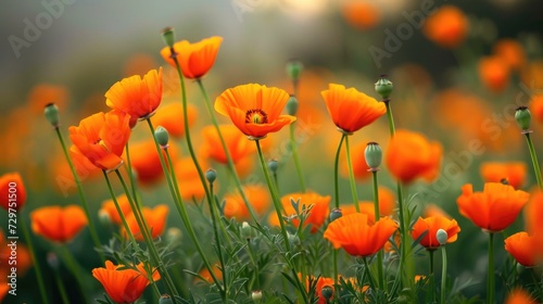 A vibrant group of orange flowers bloom gracefully in a sun-kissed field  Ai Generated