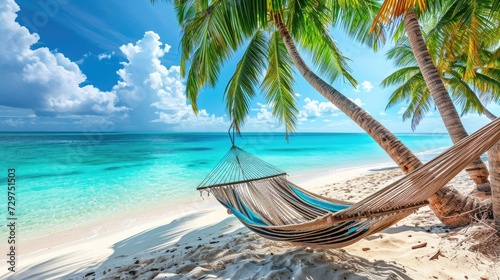 Serene Caribbean beach adorned with a beautiful hammock, turquoise water, and palm trees, Ai Generated