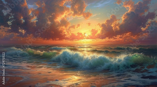 Vibrant painting captures a sunset over the ocean, waves crashing, clouds swirling, Ai Generated