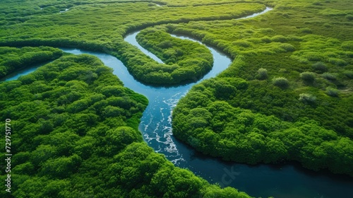 Aerial vista reveals a lush river delta with verdant vegetation and meandering waterways, Ai Generated