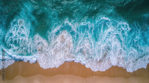 Aerial view showcases a sandy beach near the sea, waves gently lapping the shore, Ai Generated