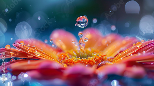 A single raindrop captured mid-splash as it collides with a brightly colored flower petal.