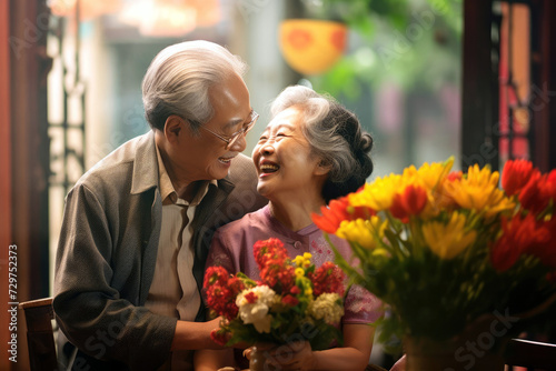 A laughing Asian grandmother rejoices at being given a bouquet of flowers by her husband. Elderly Day  Birthday  March 8.