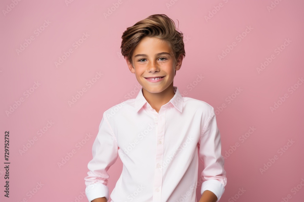 Portrait of a smiling little boy in a white shirt on a pink background Portrait of a smiling little boy in a white shirt on a pink background