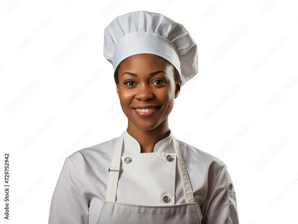 Portrait of a smiling African American chef, front view, transparent, isolated on white background Portrait of a smiling African American chef, front view, transparent, isolated on white background