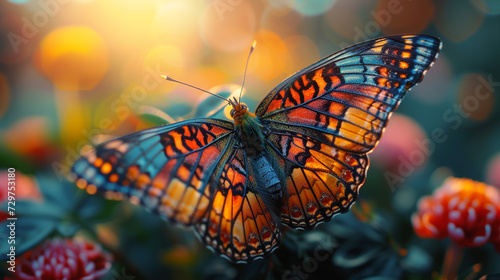 The vibrant hues and intricate patterns on the wings of a resting butterfly in the sun.