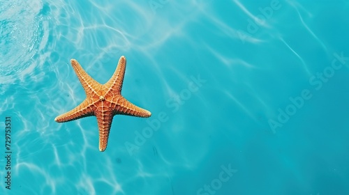 Red starfish under water in calming blue sea water, holiday, vocation and relaxing concept