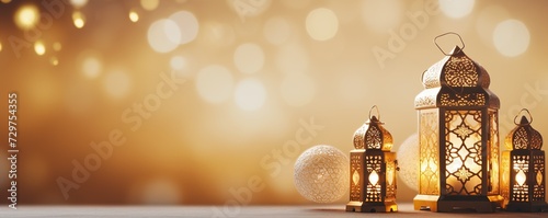 Ramadan kareem banner concept, islamic golden glow lantern on gold background, copy space