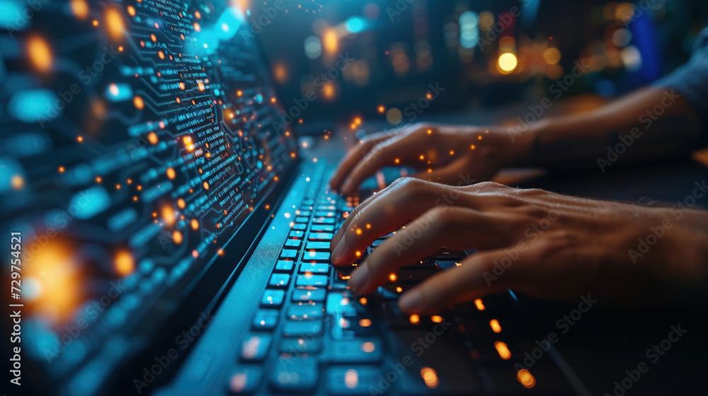 Hands Typing on a Laptop with Digital Code Hands Typing on a Laptop with Digital Code