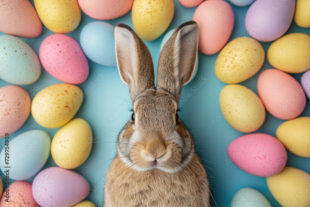 A brown rabbit centered in front of a background with colorful speckled Easter eggs, symbolizing Easter celebration