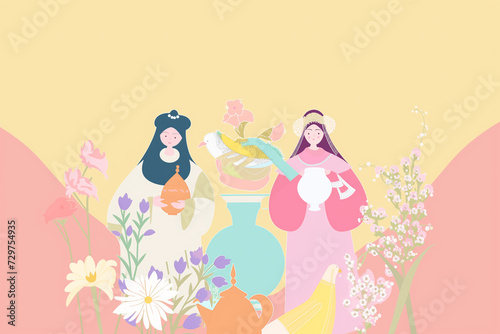Illustration of two stylized women with teapots and a dove, evoking themes of peace or a tea party, potentially related to a cultural holiday or celebration